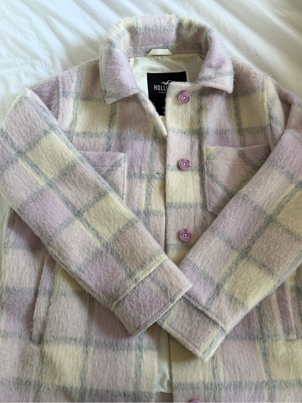 Hollister Lavender and Cream Plaid Pea Coat